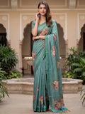 Lovable Teal Green Floral Printed Silk Traditional Saree With Blouse