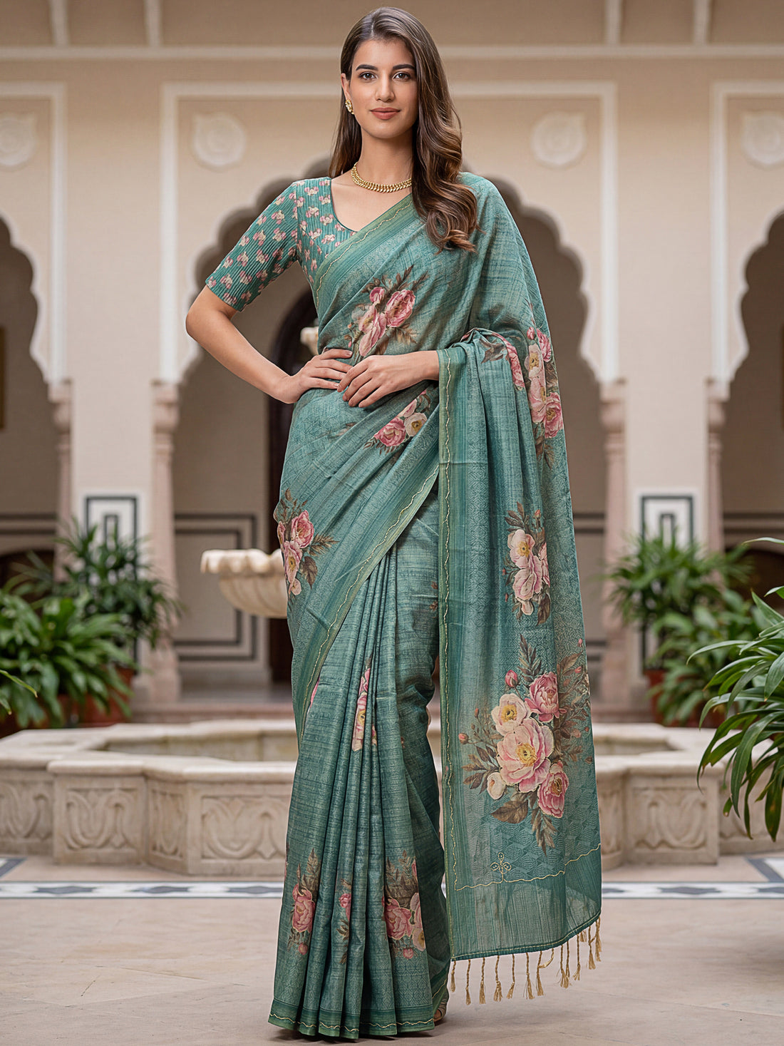 Lovable Teal Green Floral Printed Silk Traditional Saree With Blouse