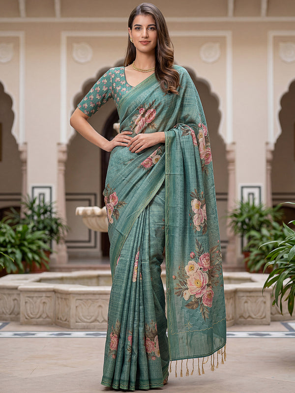 Lovable Teal Green Floral Printed Silk Traditional Saree With Blouse