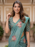 Lovable Teal Green Floral Printed Silk Traditional Saree With Blouse