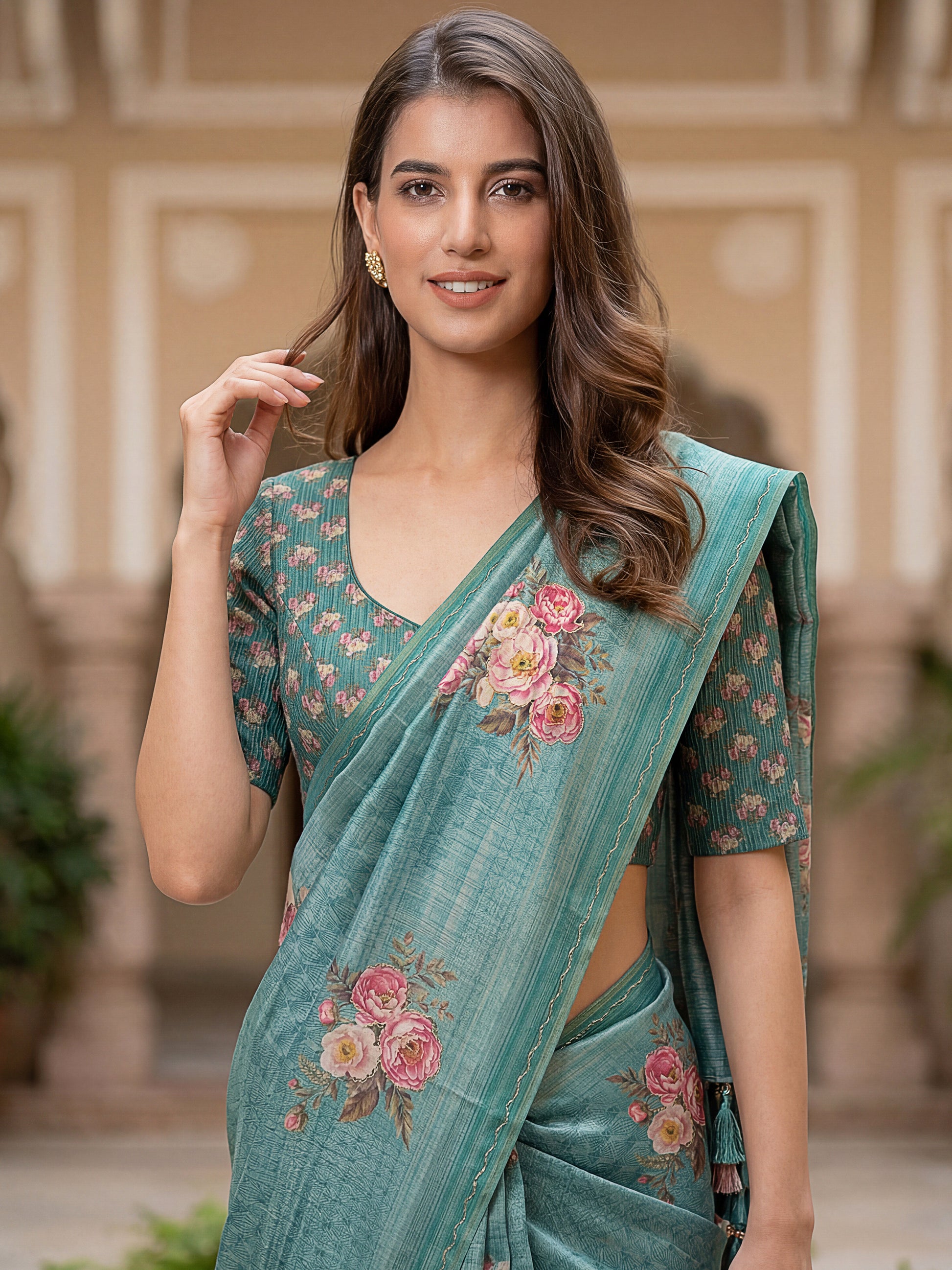 Lovable Teal Green Floral Printed Silk Traditional Saree With Blouse