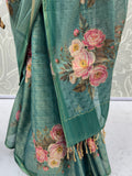 Lovable Teal Green Floral Printed Silk Traditional Saree With Blouse