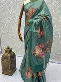 Lovable Teal Green Floral Printed Silk Traditional Saree With Blouse