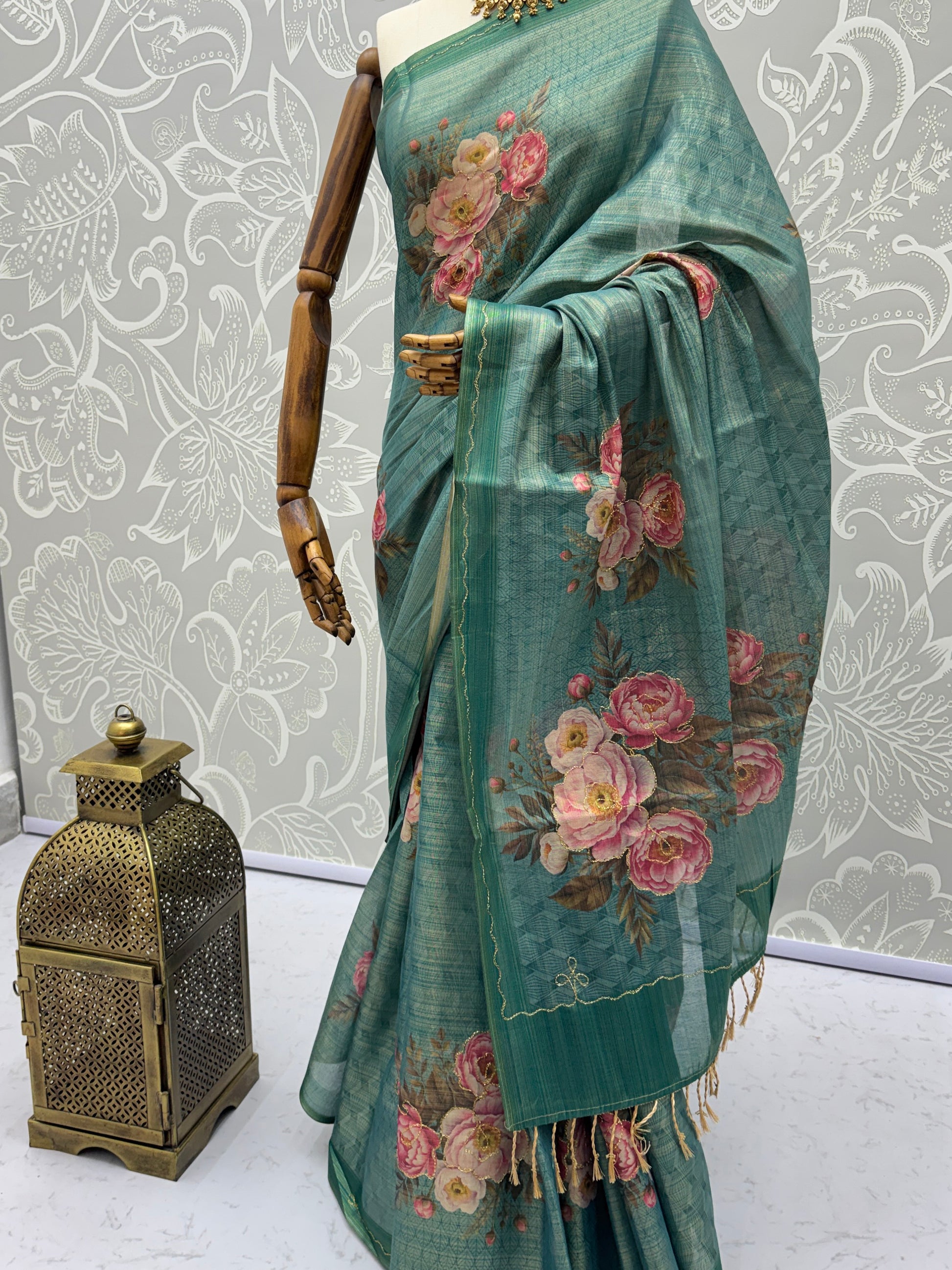 Lovable Teal Green Floral Printed Silk Traditional Saree With Blouse