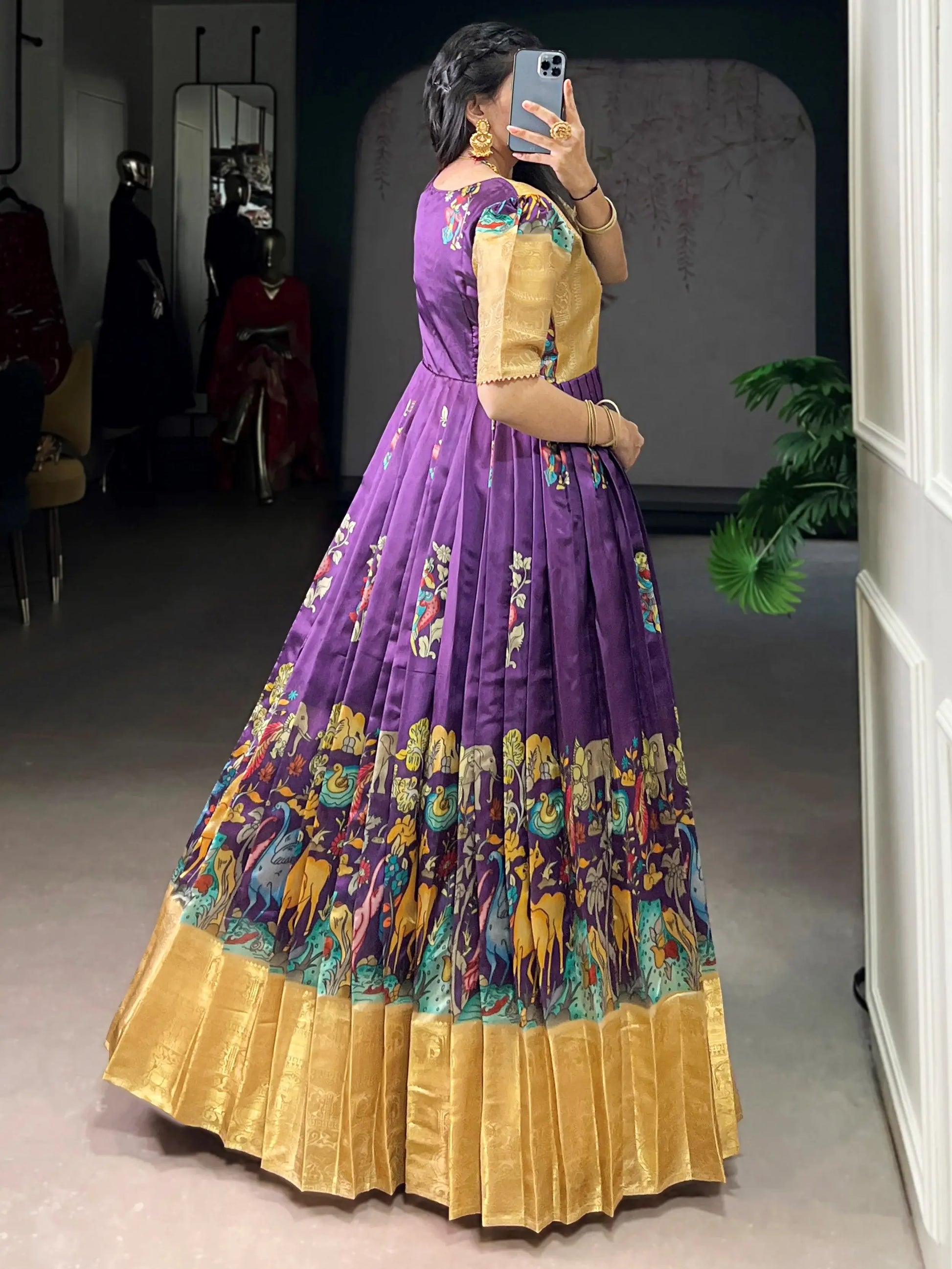 Fantastic Multi-Color Pichwai Printed Silk Traditional Gown