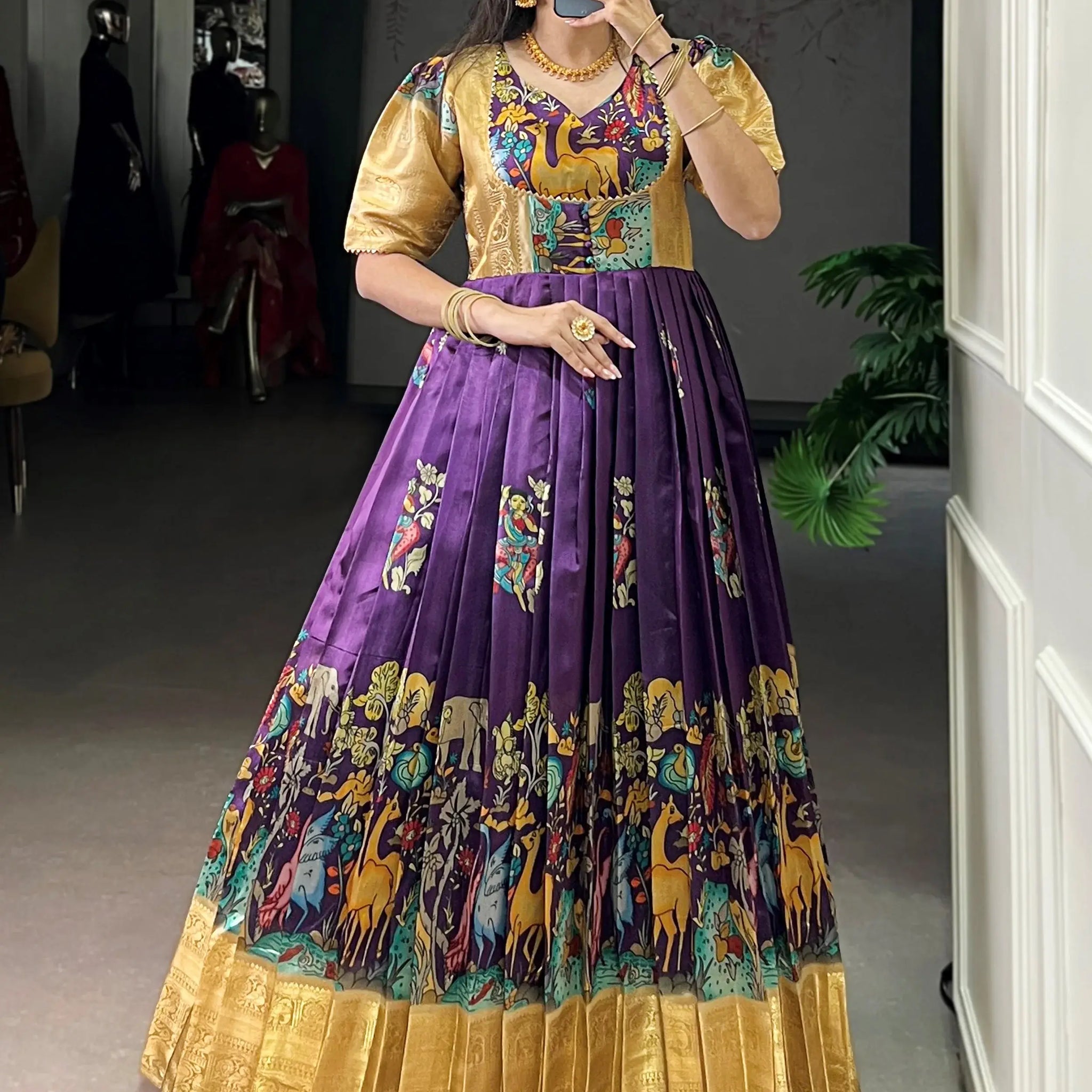 Fantastic Multi-Color Pichwai Printed Silk Traditional Gown