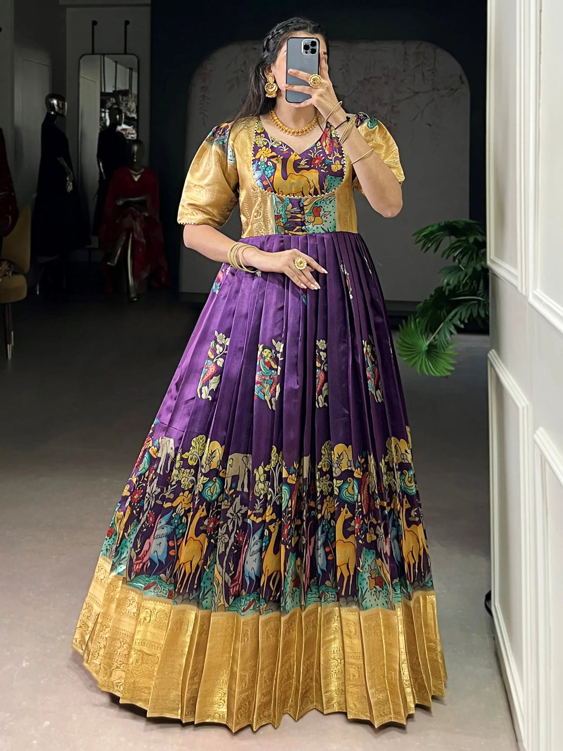 Fantastic Multi-Color Pichwai Printed Silk Traditional Gown