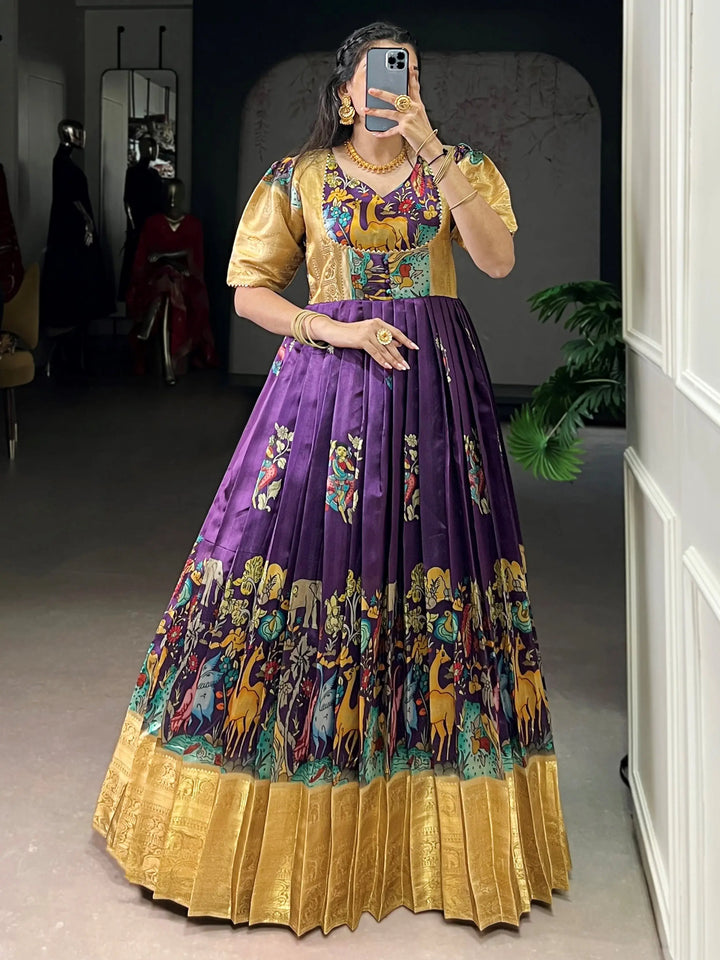 Fantastic Multi-Color Pichwai Printed Silk Traditional Gown