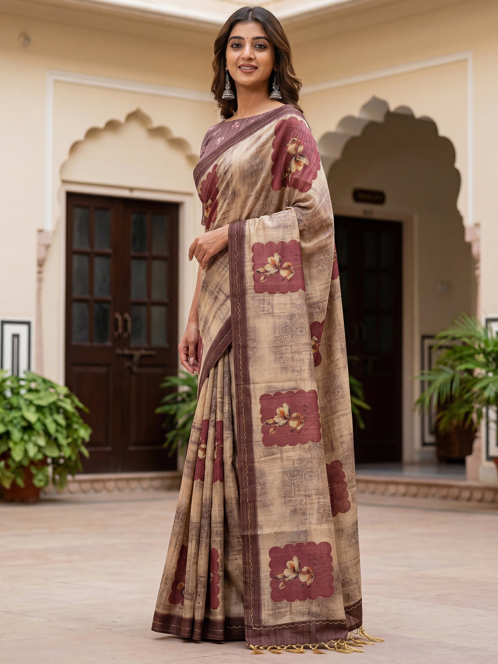 Sparkling Light Brown Floral Printed Silk Festive Wear Saree With Blouse