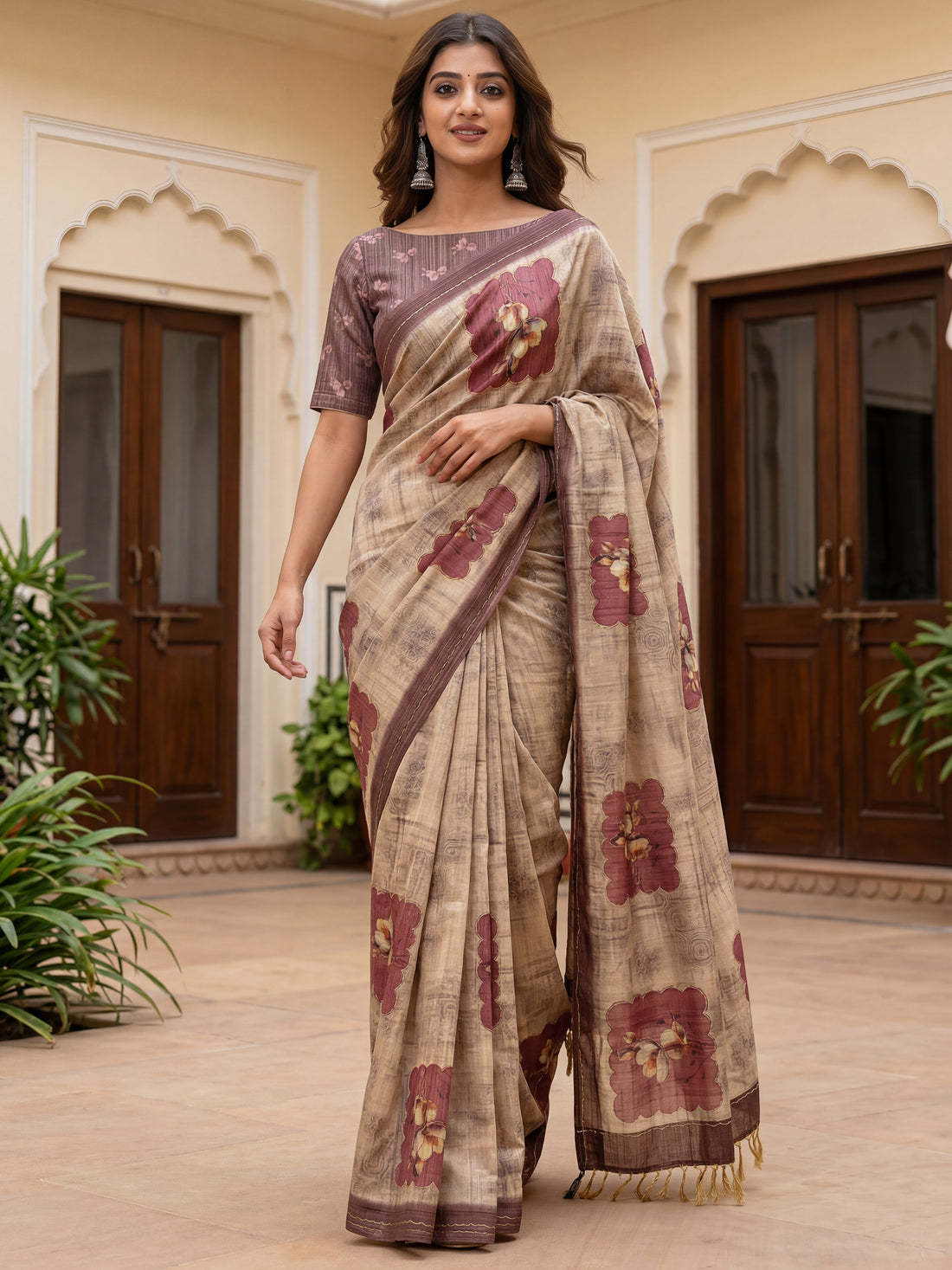 Sparkling Light Brown Floral Printed Silk Festive Wear Saree With Blouse