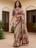 Sparkling Light Brown Floral Printed Silk Festive Wear Saree With Blouse