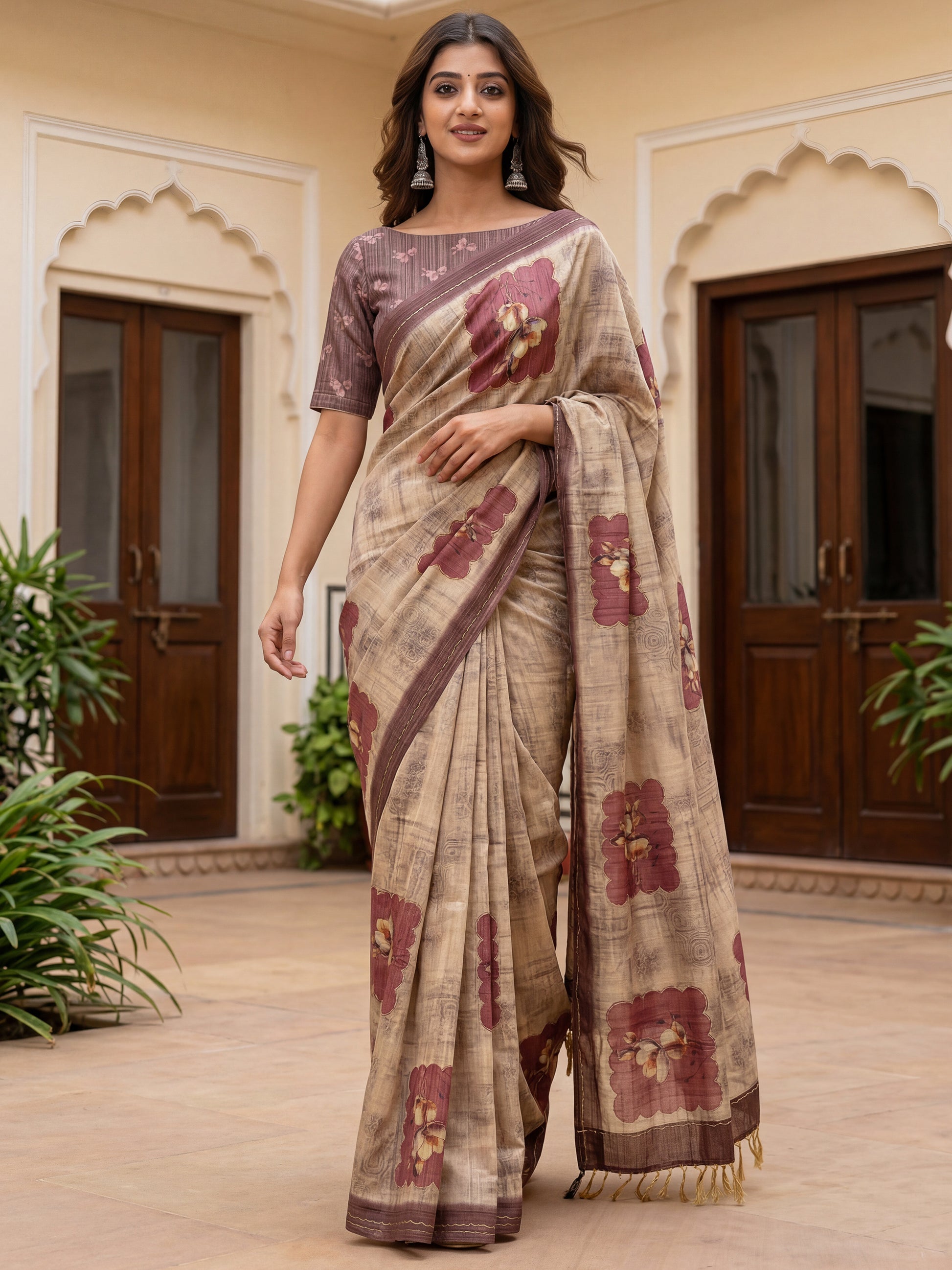 Sparkling Light Brown Floral Printed Silk Festive Wear Saree With Blouse
