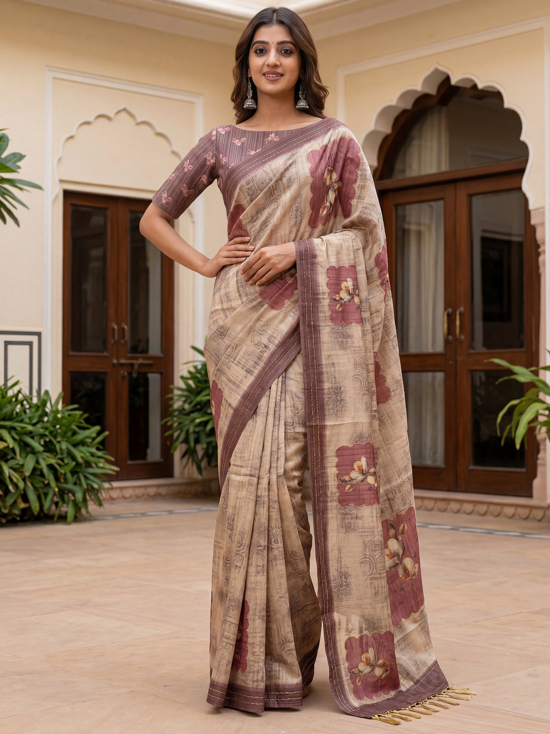 Sparkling Light Brown Floral Printed Silk Festive Wear Saree With Blouse