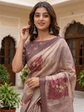 Sparkling Light Brown Floral Printed Silk Festive Wear Saree With Blouse