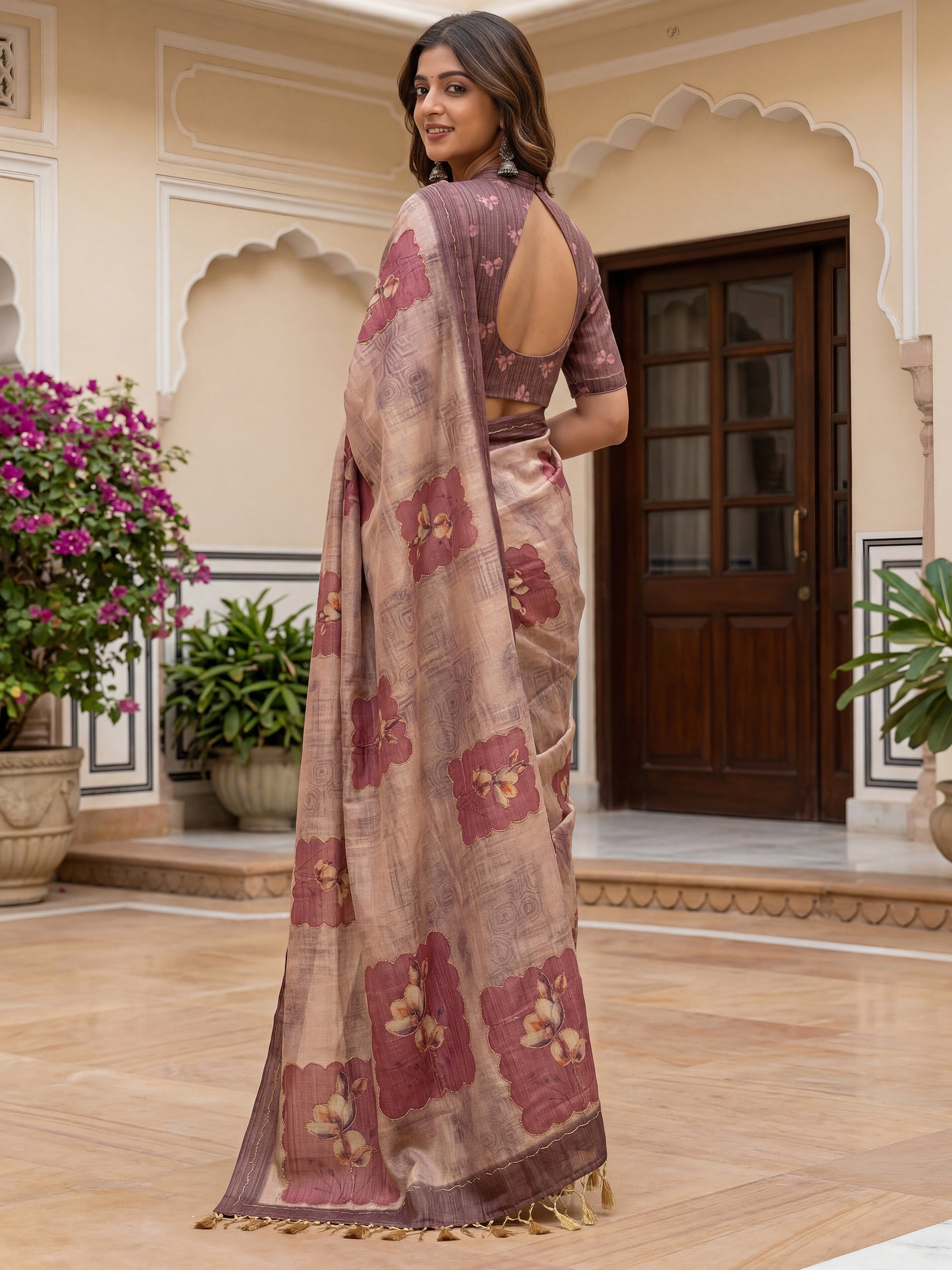 Sparkling Light Brown Floral Printed Silk Festive Wear Saree With Blouse