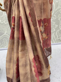 Sparkling Light Brown Floral Printed Silk Festive Wear Saree With Blouse