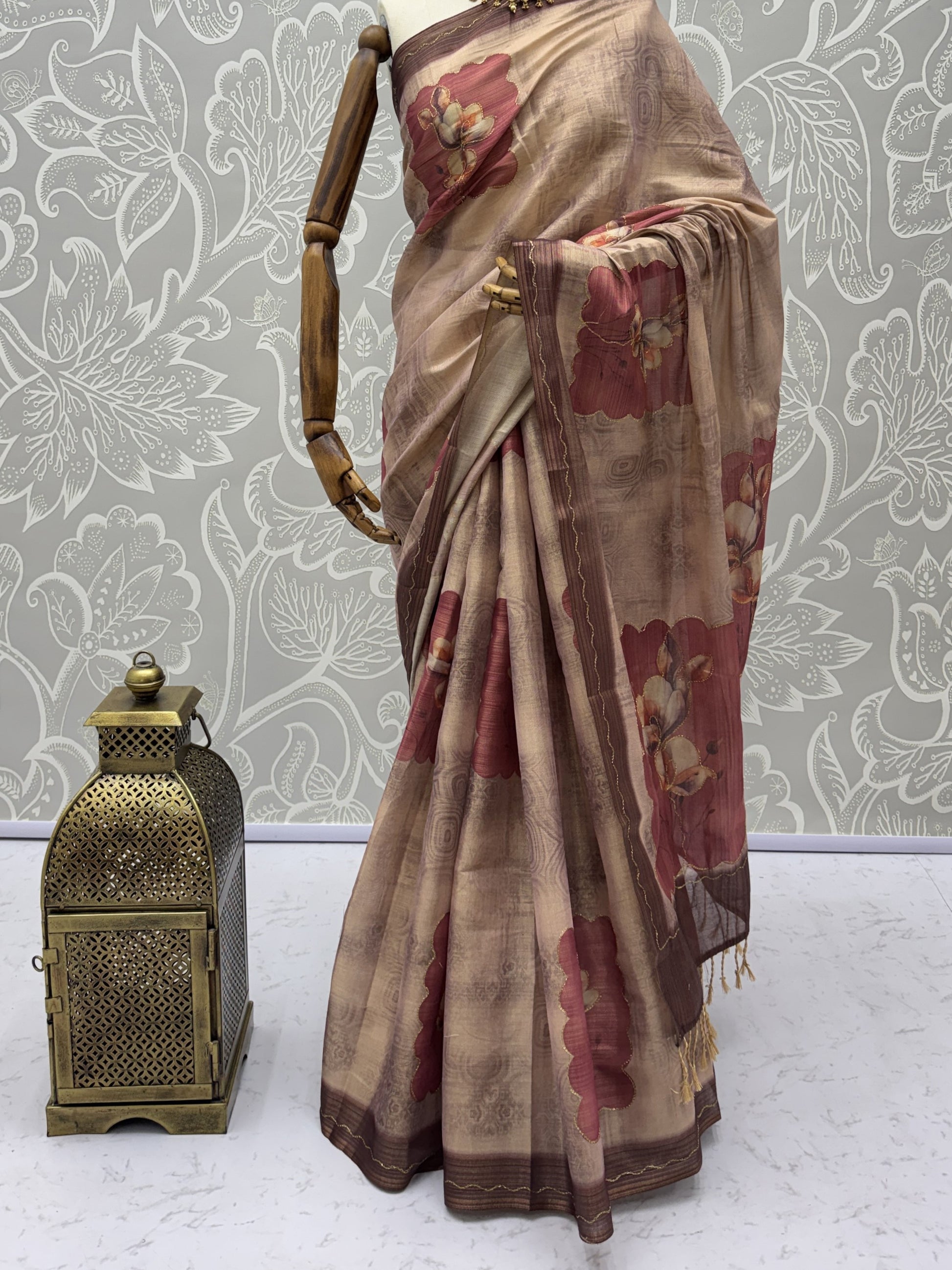 Sparkling Light Brown Floral Printed Silk Festive Wear Saree With Blouse