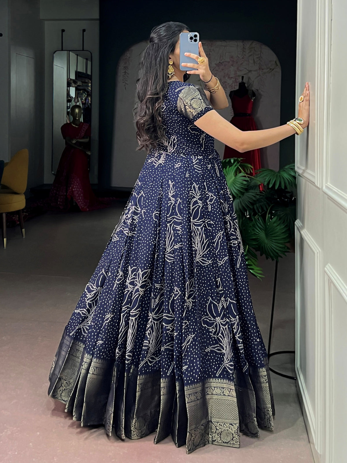 Artistic Navy Blue Bandhej Printed Cotton Festive Wear Gown