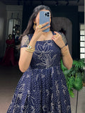 Artistic Navy Blue Bandhej Printed Cotton Festive Wear Gown