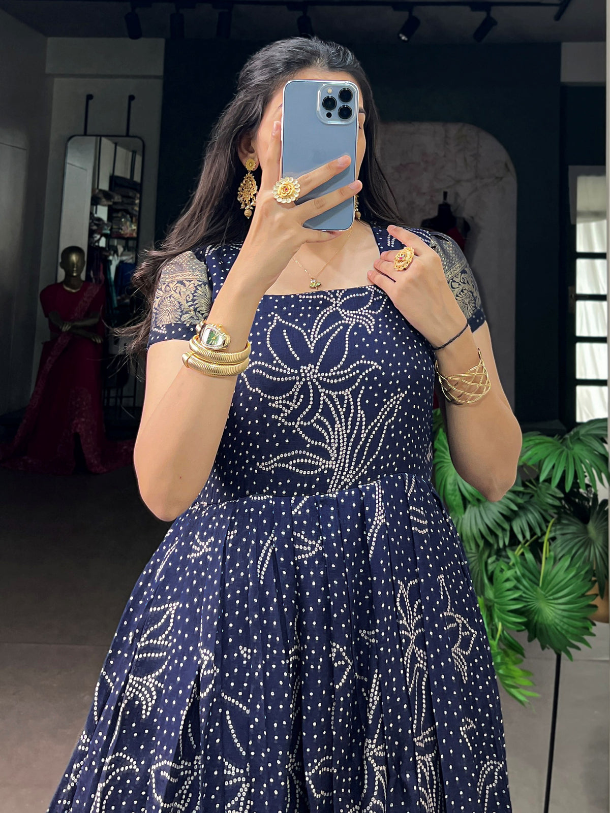 Artistic Navy Blue Bandhej Printed Cotton Festive Wear Gown