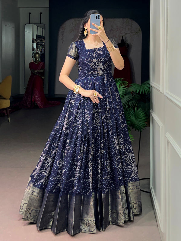 Artistic Navy Blue Bandhej Printed Cotton Festive Wear Gown