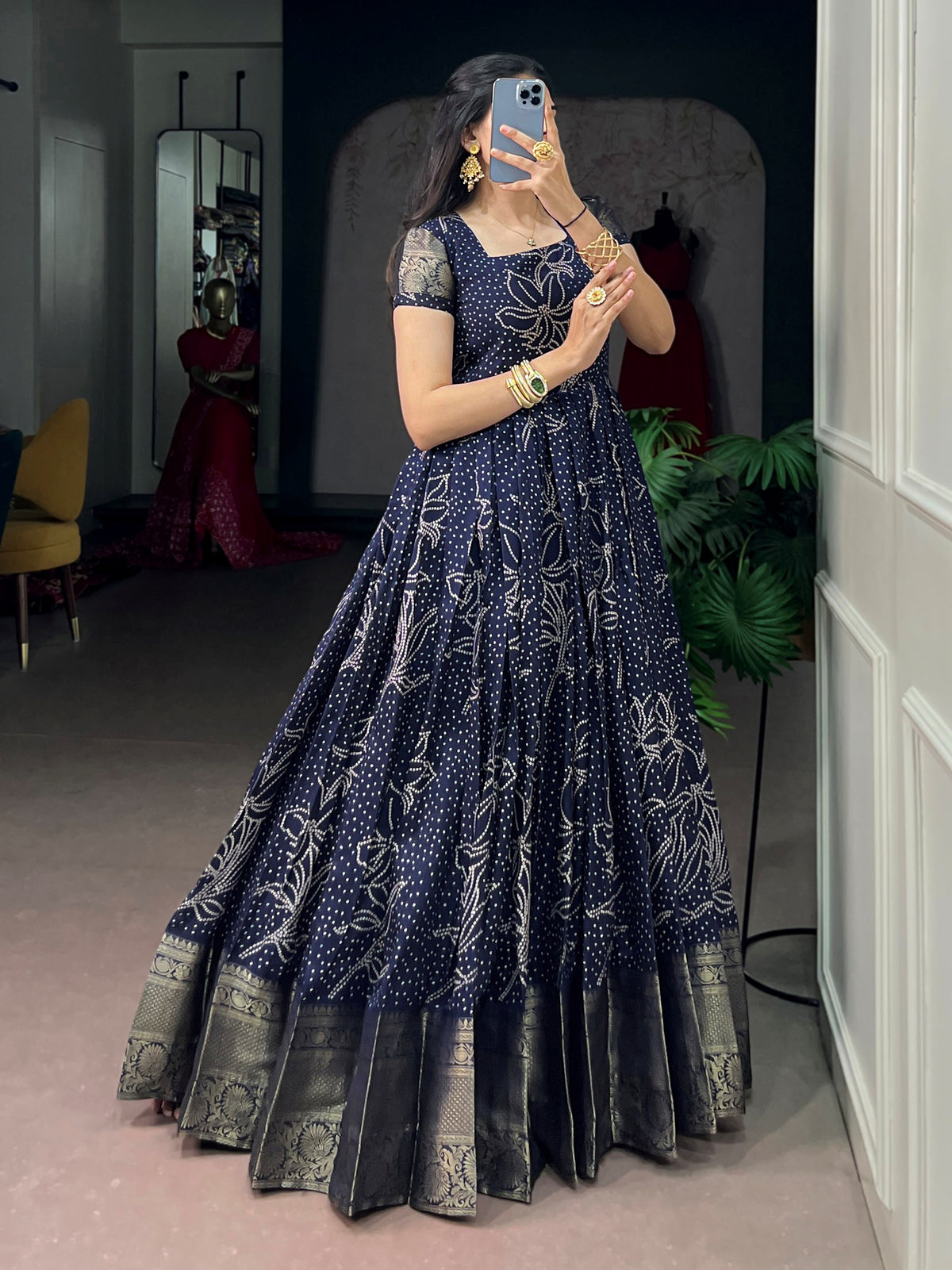 Artistic Navy Blue Bandhej Printed Cotton Festive Wear Gown