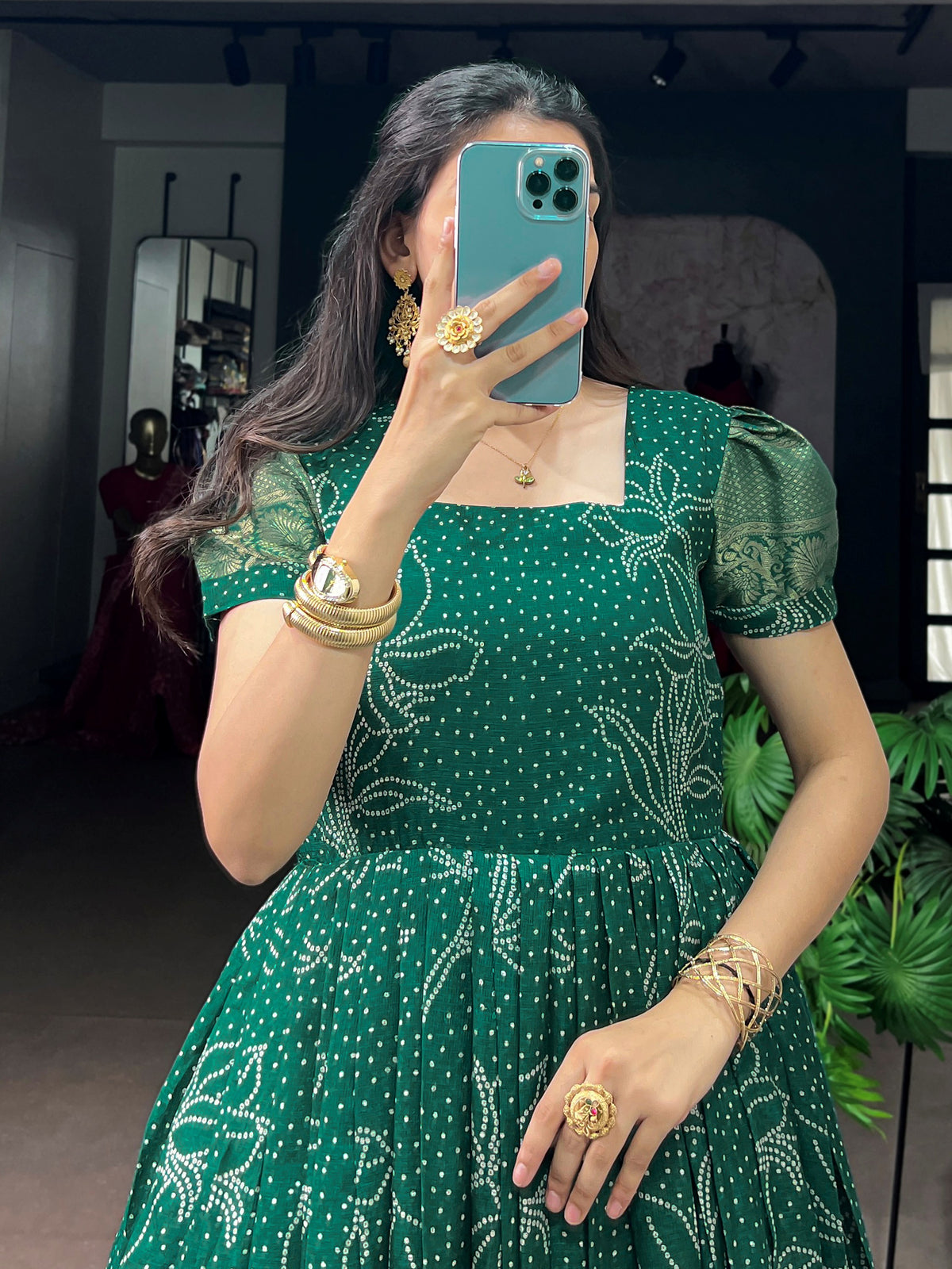 Wonderful Green Bandhej Printed Cotton Festive Wear Gown