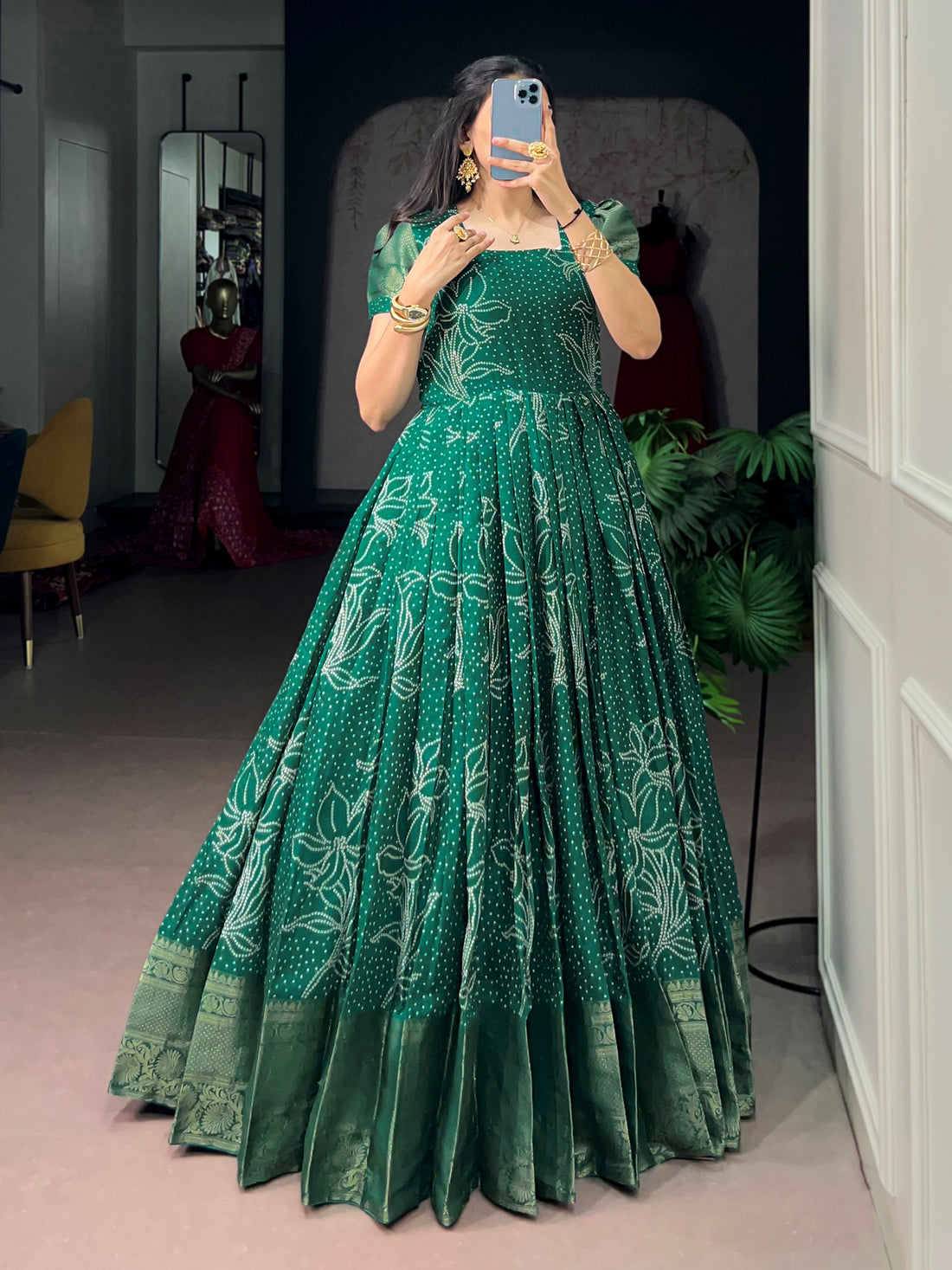 Wonderful Green Bandhej Printed Cotton Festive Wear Gown