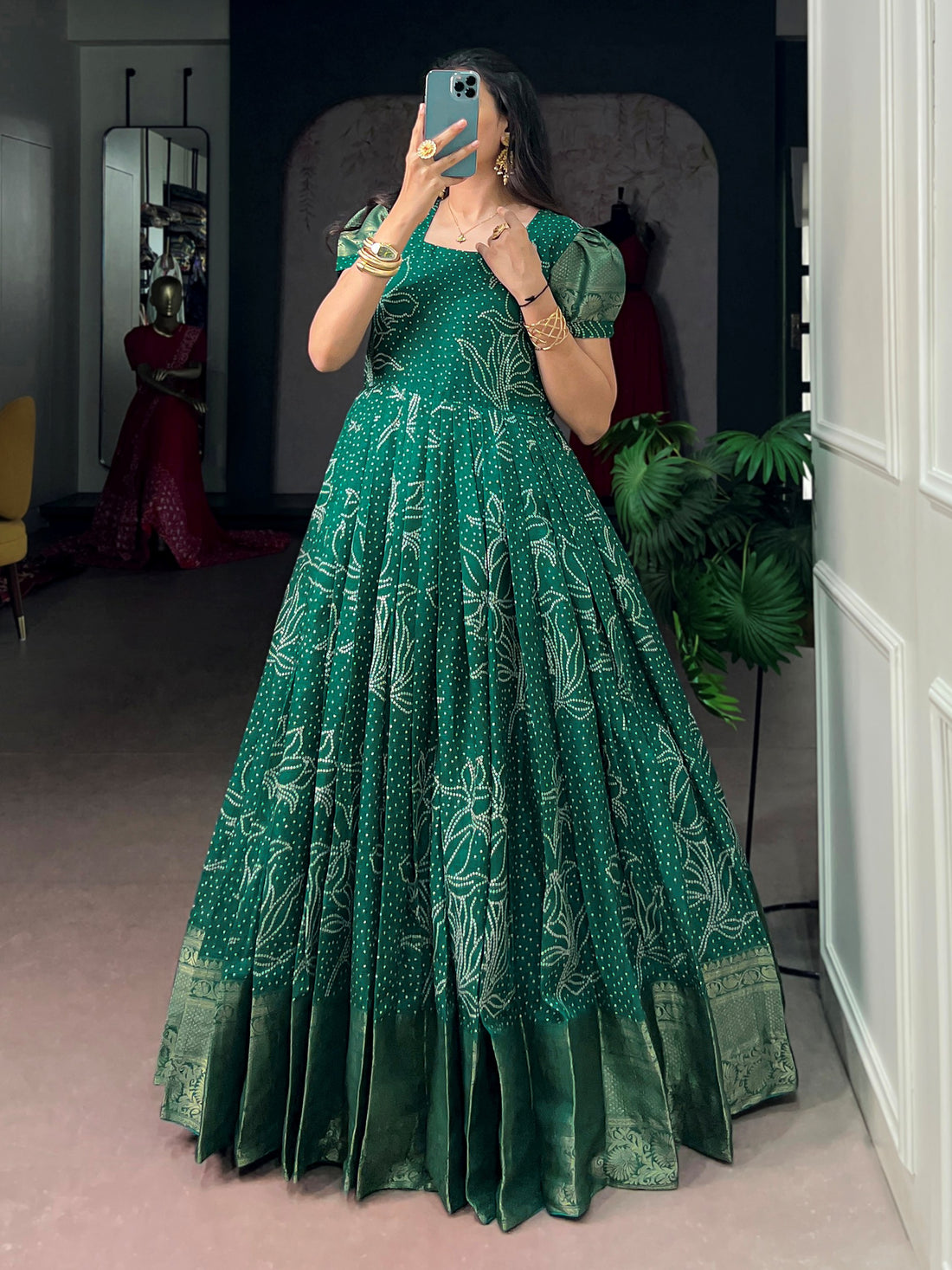 Wonderful Green Bandhej Printed Cotton Festive Wear Gown