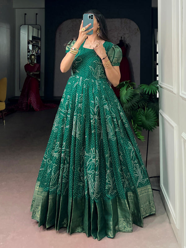 Wonderful Green Bandhej Printed Cotton Festive Wear Gown