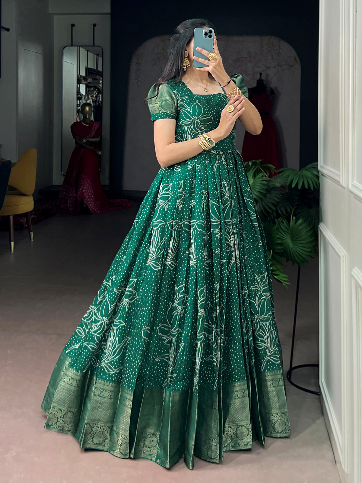 Wonderful Green Bandhej Printed Cotton Festive Wear Gown