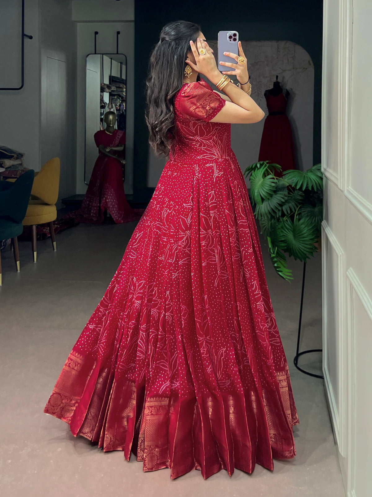 Fabulous Red Bandhej Printed Cotton Festive Wear Gown