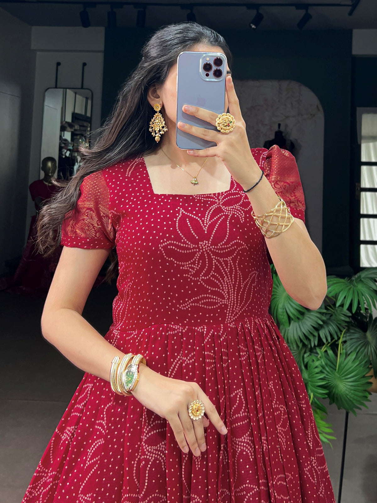 Fabulous Red Bandhej Printed Cotton Festive Wear Gown