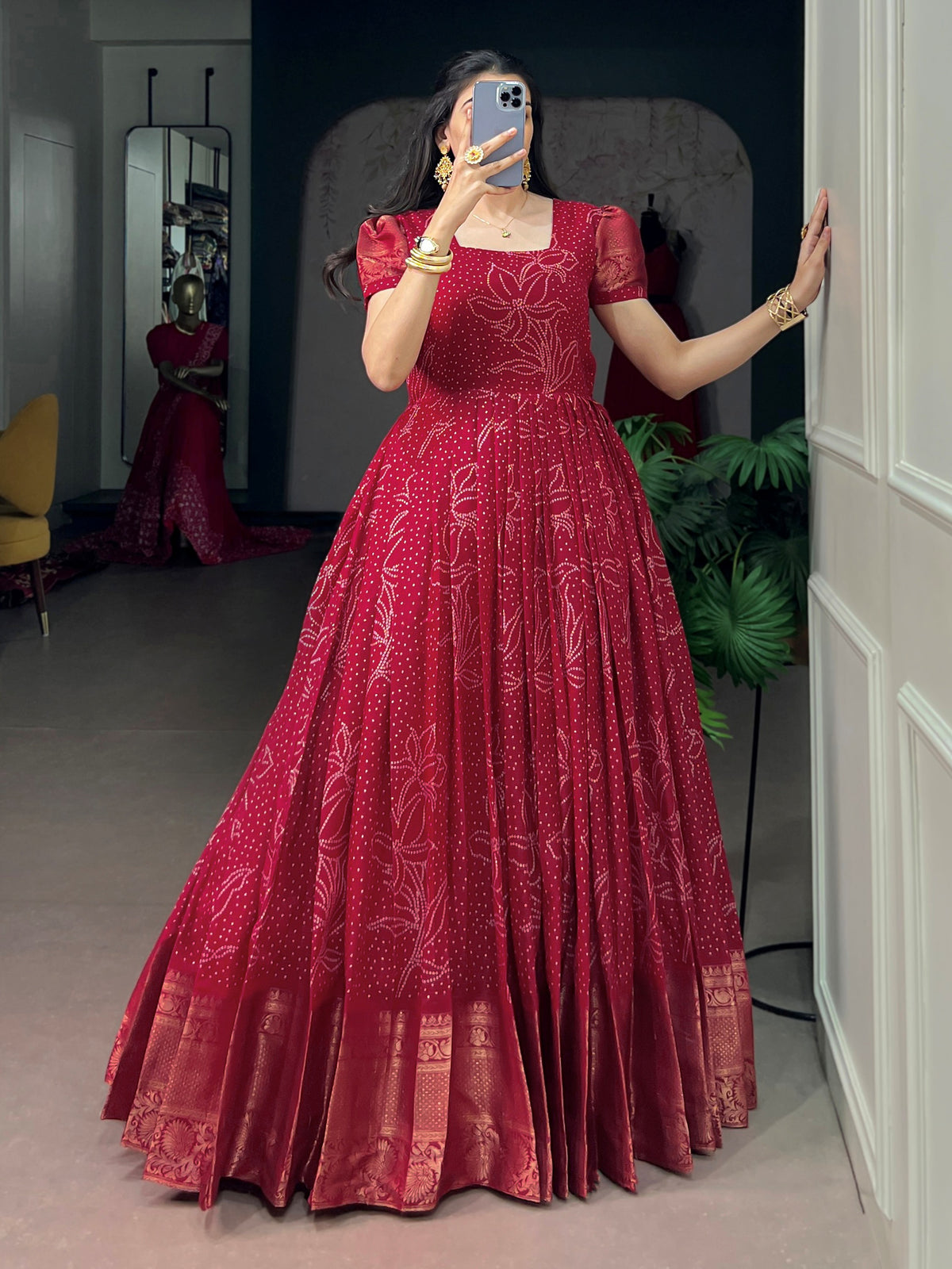 Fabulous Red Bandhej Printed Cotton Festive Wear Gown