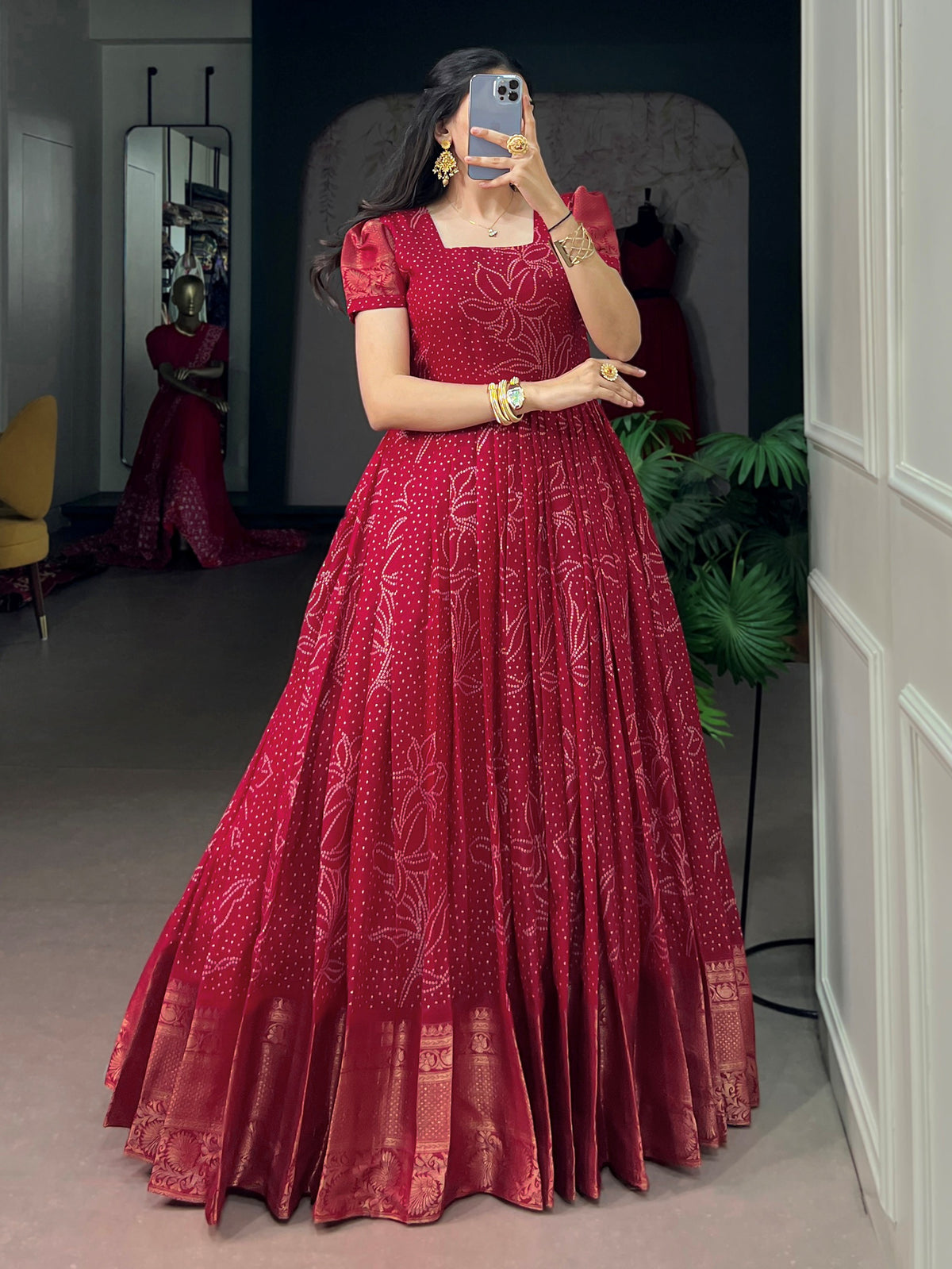 Fabulous Red Bandhej Printed Cotton Festive Wear Gown