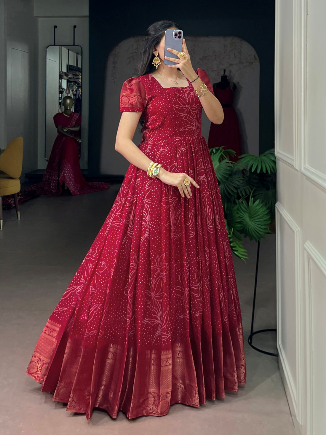 Fabulous Red Bandhej Printed Cotton Festive Wear Gown