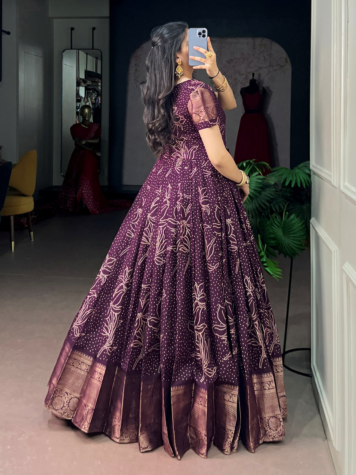 Majestic Wine Bandhej Printed Cotton Festive Wear Gown
