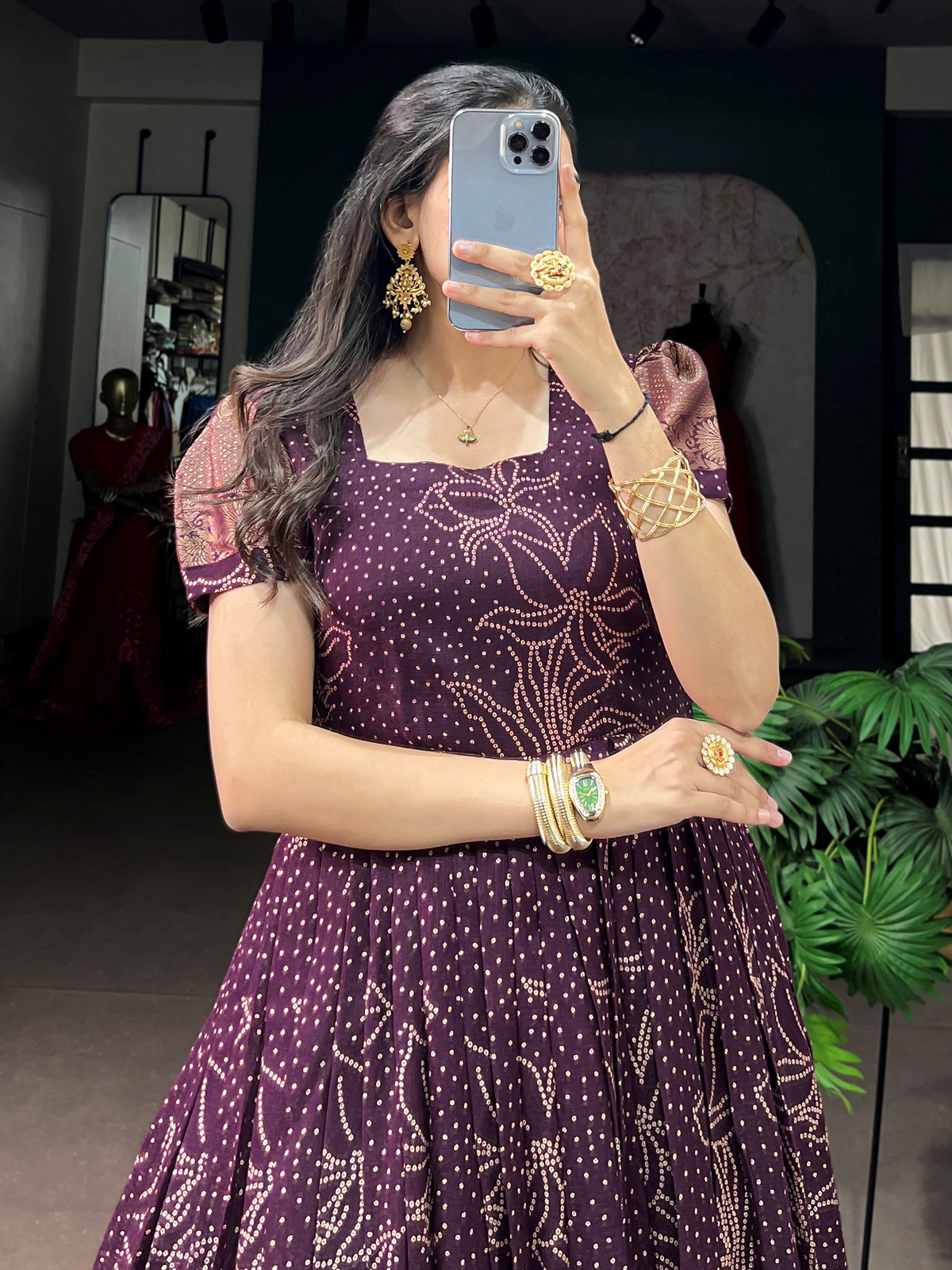 Majestic Wine Bandhej Printed Cotton Festive Wear Gown