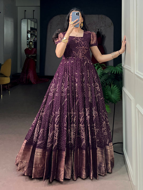 Majestic Wine Bandhej Printed Cotton Festive Wear Gown