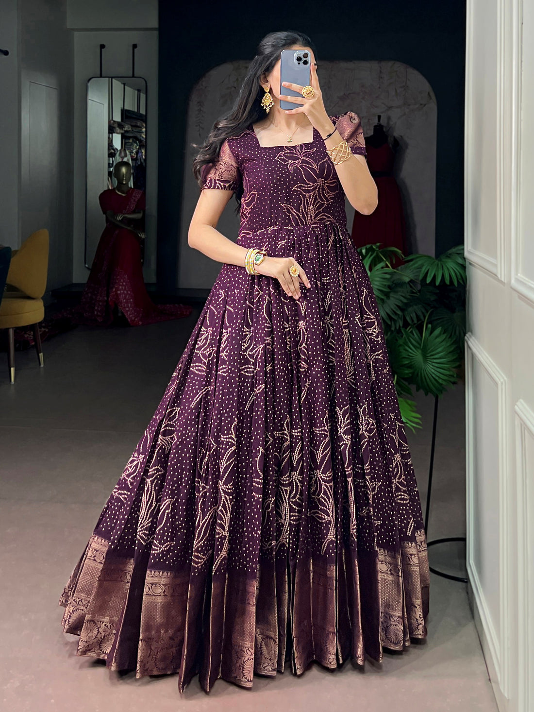 Majestic Wine Bandhej Printed Cotton Festive Wear Gown