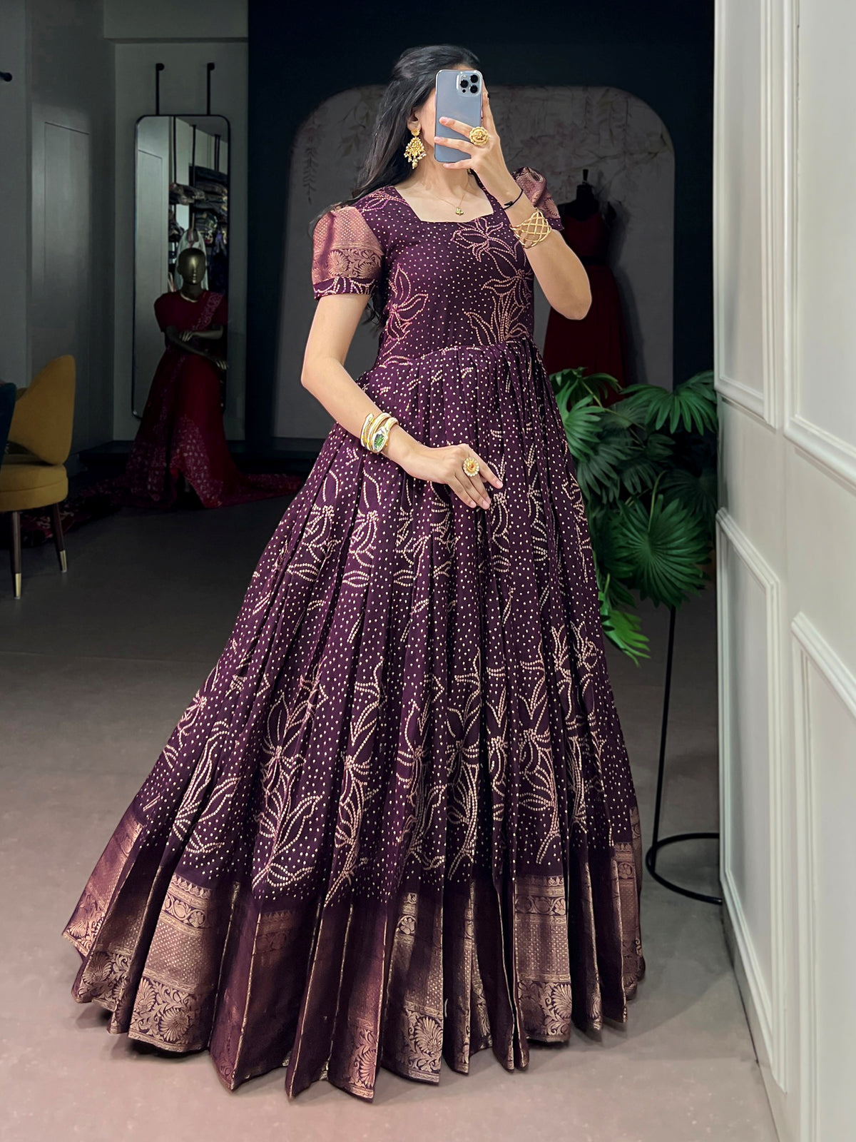 Majestic Wine Bandhej Printed Cotton Festive Wear Gown