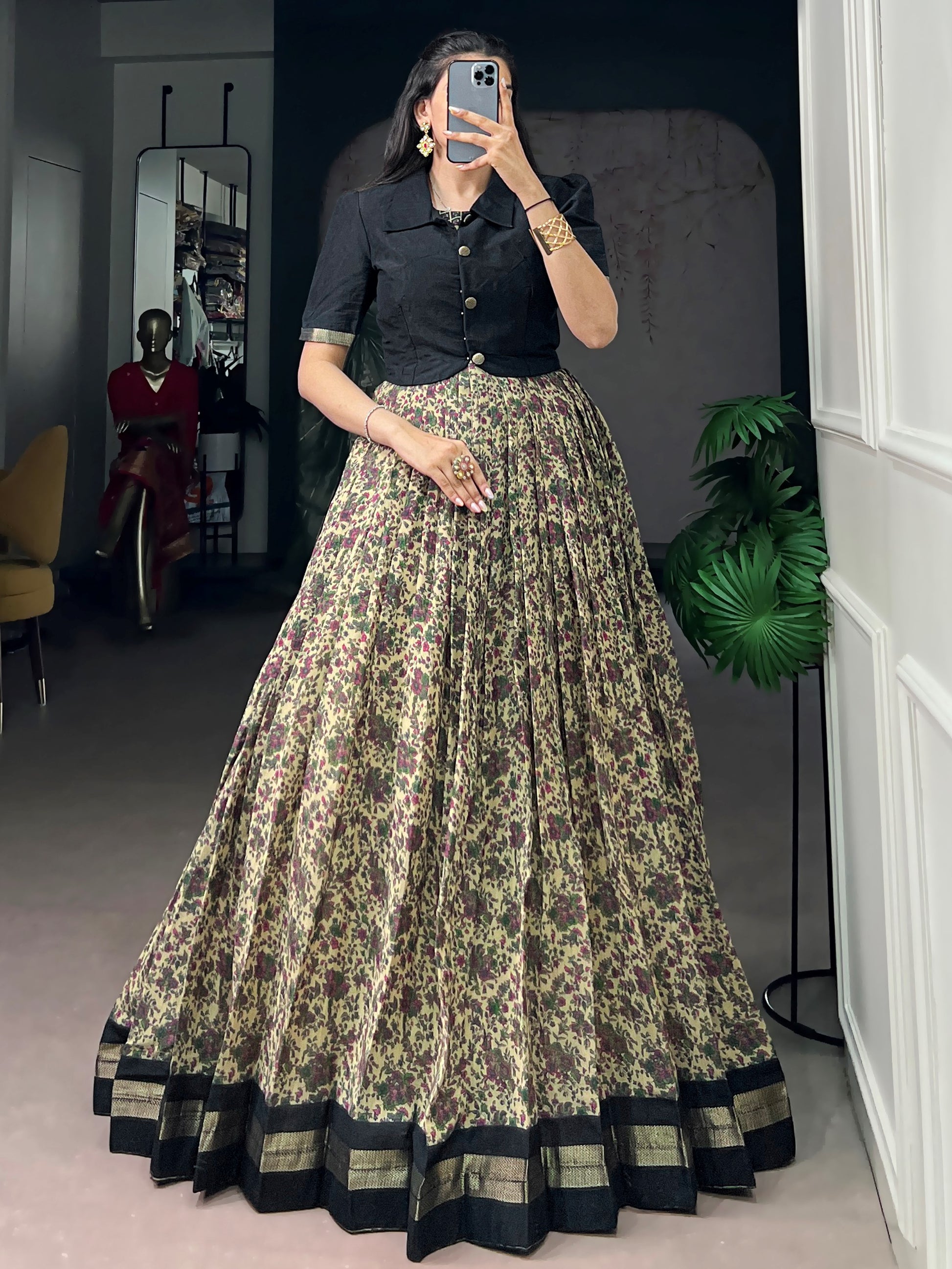 Stunning Black Printed Chanderi Festival Wear Gown With Koti