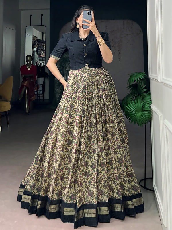 Stunning Black Printed Chanderi Festival Wear Gown With Koti