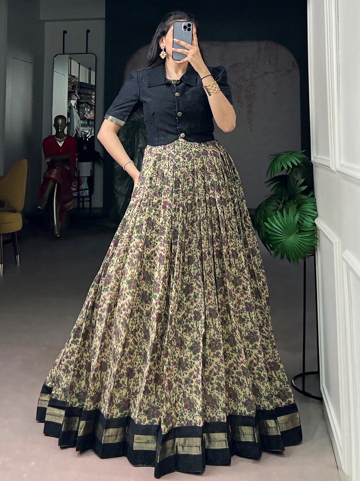 Stunning Black Printed Chanderi Festival Wear Gown With Koti
