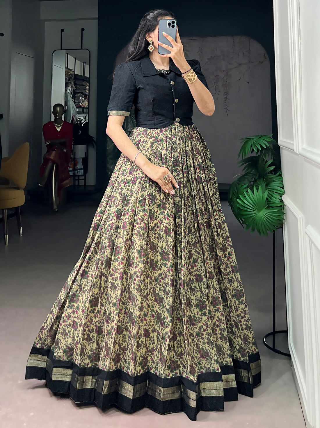 Stunning Black Printed Chanderi Festival Wear Gown With Koti