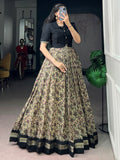 Stunning Black Printed Chanderi Festival Wear Gown With Koti