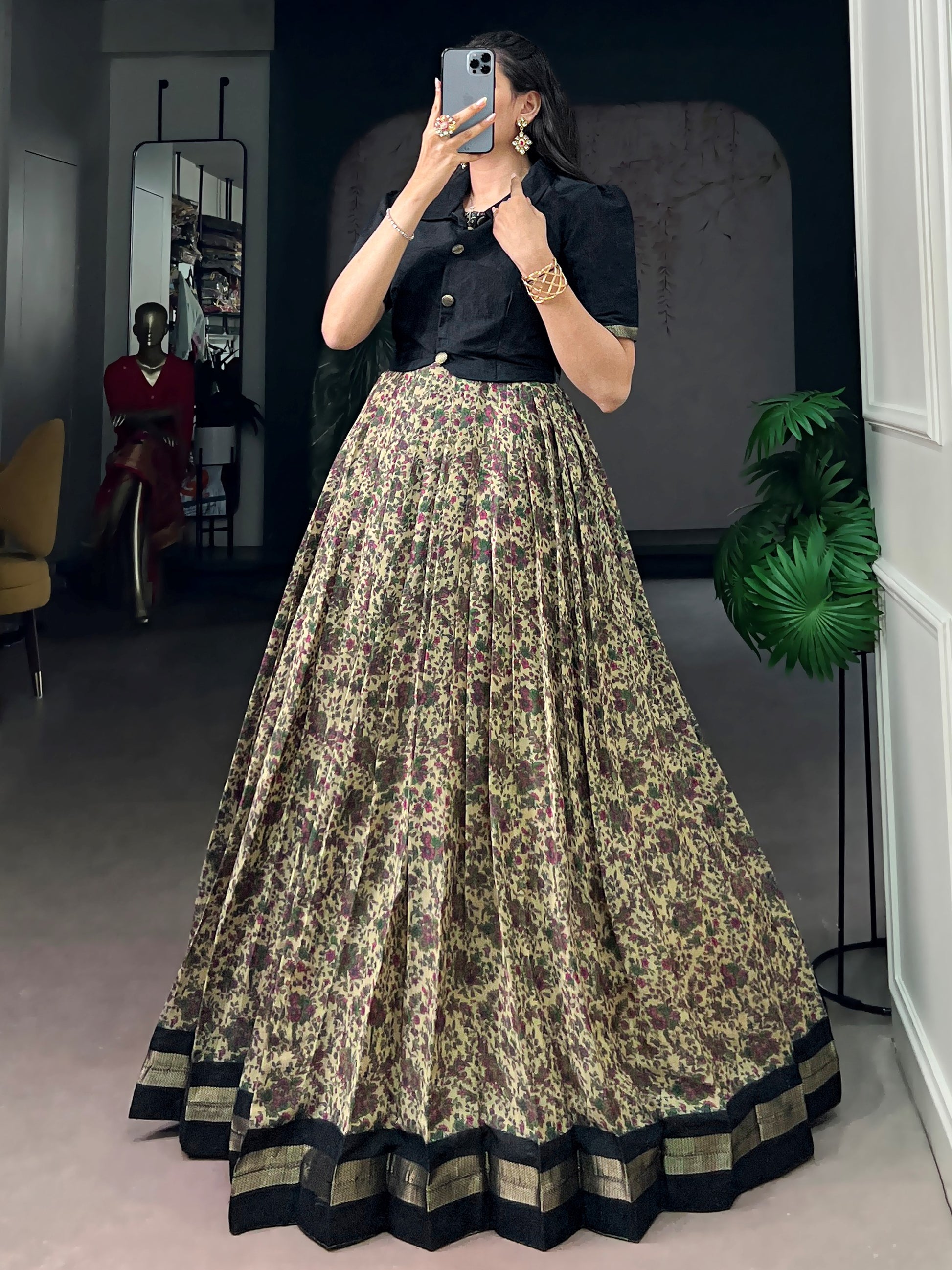 Stunning Black Printed Chanderi Festival Wear Gown With Koti