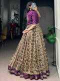 Charming Purple Printed Chanderi Festival Wear Gown With Koti