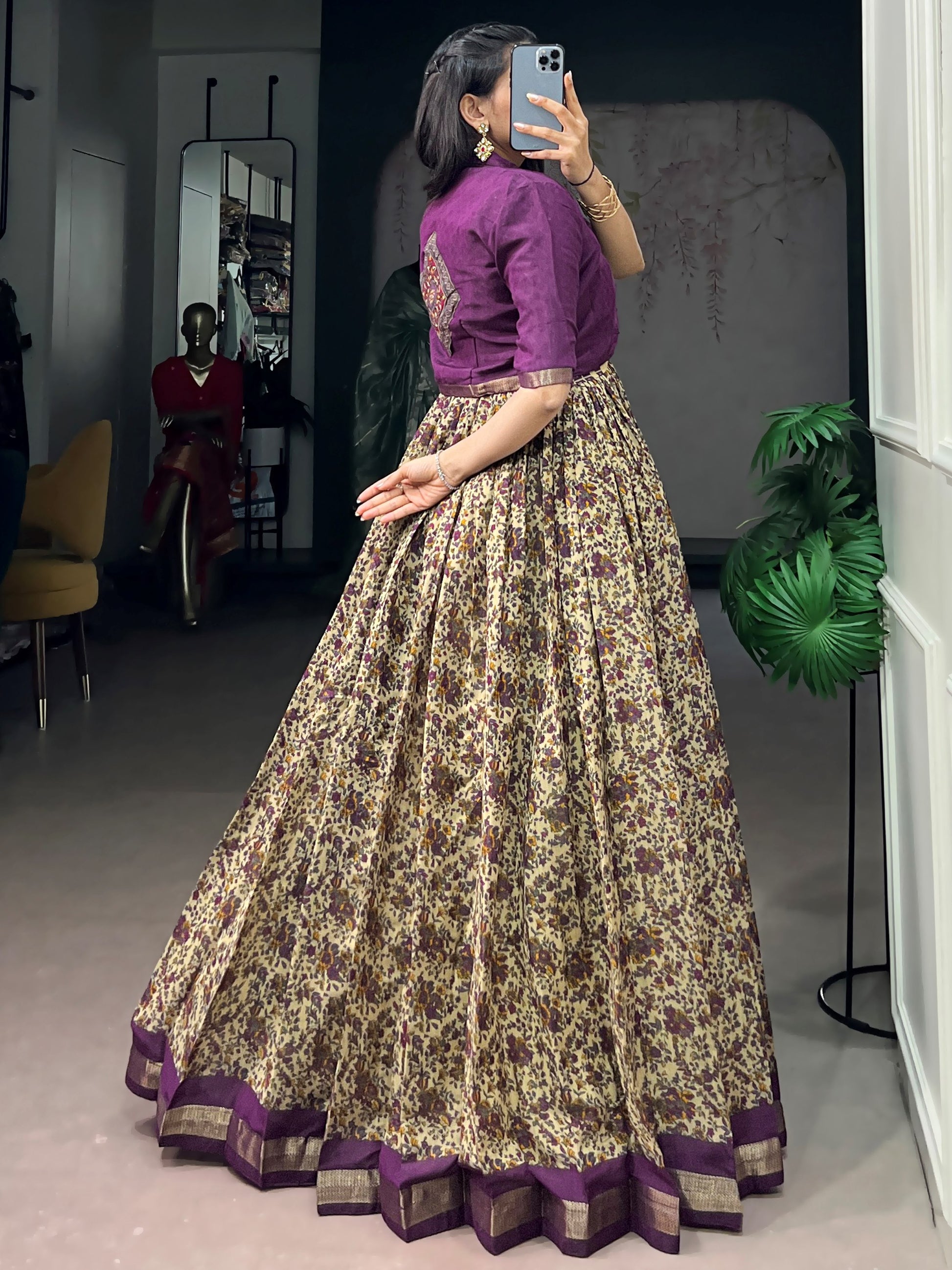 Charming Purple Printed Chanderi Festival Wear Gown With Koti
