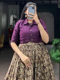 Charming Purple Printed Chanderi Festival Wear Gown With Koti